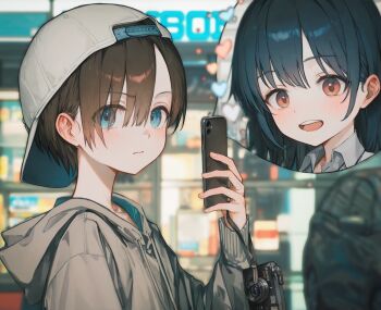 1boy baseball_cap black_hair boku_no_kokoro_no_yabai_yatsu brown_eyes camera cellphone closed_mouth commentary ellell915 eyes_visible_through_hair grey_hoodie hat heart highres holding holding_phone hood hoodie ichikawa_kyoutarou light_blush long_hair long_sleeves looking_at_viewer open_mouth outdoors phone portrait short_hair smartphone speech_bubble thought_bubble upper_body yamada_anna