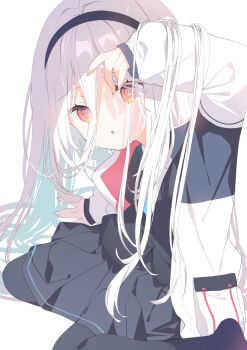 1girl black_hairband black_jacket black_skirt black_thighhighs blue_archive commentary_request hairband highres jacket kei_(blue_archive) kei_(new_body)_(blue_archive) long_bangs long_hair open_clothes open_jacket parted_lips pink_eyes simple_background skirt solo thighhighs white_background white_hair white_jacket yuizaki_kazuya