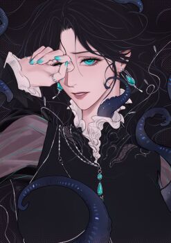 1girl black_dress black_hair dress earrings green_eyes hand_up hashtag-only_commentary jelena_(path_to_nowhere) jewelry linceyang looking_at_viewer nail_polish parted_lips path_to_nowhere portrait see-through_clothes see-through_sleeves shin_(path_to_nowhere) solo_focus tentacles