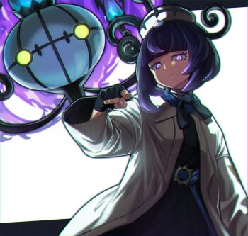 1girl belt belt_buckle black_dress blunt_bangs bob_cut buckle chandelure closed_mouth coat dress fingerless_gloves gen_5_pokemon gloves gwynn_(pokemon) hat highres long_sleeves looking_at_viewer nintendo o-ring o-ring_belt open_clothes open_coat pointing pointing_at_viewer pokemon pokemon_(creature) pokemon_legends:_z-a purple_eyes purple_hair sasami301tako short_hair white_coat