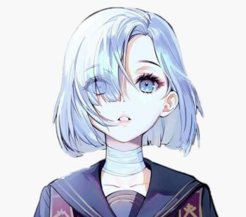 1girl bandaged_neck bandages black_sailor_collar blue_eyes blue_hair collarbone commentary_request copyright_request gauze gauze_on_neck hair_over_one_eye honnou_(kjs9504) looking_at_viewer non-web_source one_eye_covered open_mouth parted_lips sailor_collar school_uniform serafuku shirt short_hair simple_background solo source_request upper_body white_background