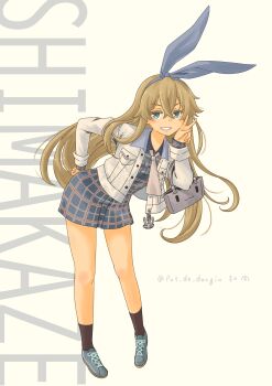 Rule 34 | 1girl, absurdres, anchor ornament, animal ear hairband, animal ears, ankle socks, ascot, bag, black hairband, black socks, blonde hair, blue dress, blue eyes, blue shoes, blush, character name, collared dress, commentary request, crossed bangs, double-parted bangs, dress, fake animal ears, full body, grey ascot, hair between eyes, hairband, hand on own hip, handbag, highres, jacket, kantai collection, leaning forward, long hair, long sidelocks, long sleeves, looking at viewer, official alternate costume, open clothes, open jacket, open mouth, plaid clothes, plaid dress, pot-de, rabbit ear hairband, rabbit ears, shimakaze (kancolle), shimakaze (lawson) (kancolle), shoes, sidelocks, simple background, smile, socks, solo, teeth, twitter username, v, very long hair, white background, white jacket