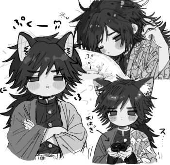 1boy animal_ears blush_stickers chibi chibi_only crossed_arms demon_slayer_uniform empty_eyes greyscale haori high_collar japanese_clothes kikkoumon kimetsu_no_yaiba long_hair low_ponytail male_focus monochrome multiple_views one_eye_closed ponytail print_haori solo spiked_hair tomioka_giyuu translation_request upper_body usisandao