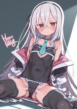 1girl artist_name black_hairband black_leotard black_one-piece_swimsuit black_thighhighs blue_archive blush breasts closed_mouth covered_navel hair_between_eyes hairband highres jacket kei_(blue_archive) kei_(new_body)_(blue_archive) leotard loli long_hair necktie one-piece_swimsuit paid_reward_available puddinghomhom red_eyes sitting small_breasts solo swimsuit thighhighs very_long_hair