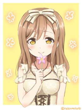 1girl blush bow brown_hair clothing_cutout collarbone commentary_request cross-laced_clothes female_focus flower frilled_sleeves frills hair_bow holding holding_flower kunikida_hanamaru long_hair looking_at_viewer love_live! love_live!_sunshine!! pink_flower sakurai_makoto_(custom_size) shoulder_cutout smile solo striped_bow torikoriko_please!! twitter_username upper_body yellow_background yellow_eyes