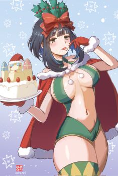 1girl black_hair blue_hair blush breasts cake cape christmas colored_inner_hair commentary_request fate/grand_order fate_(series) food gloves highres multicolored_hair navel red_cape red_gloves revealing_clothes short_hair solo tenochtitlan_(fate) tetsu_no_samurai tongue tongue_out whipped_cream
