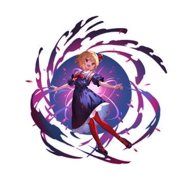 Rule 34 | 1girl, alternate costume, black dress, black shoes, blonde hair, detached sleeves, dress, fang, full body, game cg, hair ribbon, highres, long sleeves, looking at viewer, medium hair, non-web source, official art, open mouth, outstretched arms, pantyhose, red eyes, red pantyhose, red ribbon, ribbon, rumia, self-datamine, shoes, skin fang, smile, solo, spread arms, touhou, touhou gensou eclipse, transparent background, u u zan, umbrakinesis