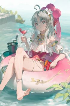 1girl artist_name barefoot bow carlotta_(splashing_summer)_(wuthering_waves) carlotta_(wuthering_waves) casual_one-piece_swimsuit clothing_cutout crossed_legs cup cutout_above_navel flower forked_hair frilled_one-piece_swimsuit frills hair_flower hair_ornament hibiki-147 highleg highleg_one-piece_swimsuit highres holding holding_cup holding_water_gun innertube looking_at_viewer off-shoulder_one-piece_swimsuit off_shoulder official_alternate_costume on_innertube one-piece_swimsuit parted_bangs pink_bow pink_one-piece_swimsuit sitting smile soles solo striped_bow swim_ring swimsuit toes water_gun wuthering_waves