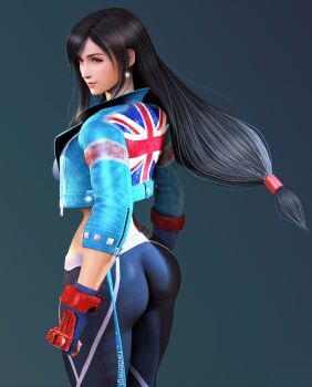 1girl 3d alternate_costume artist_name ass black_hair blue_jacket breasts cammy_white cammy_white_(cosplay) capcom closed_mouth cosplay cowboy_shot cropped_jacket earrings final_fantasy final_fantasy_vii final_fantasy_vii_remake fingerless_gloves from_behind from_side gloves highres jacket jewelry large_breasts lips long_hair looking_to_the_side low-tied_long_hair midriff pants print_jacket raidenwgt red_eyes simple_background single_earring single_sidelock smile solo spandex sports_bra square_enix street_fighter street_fighter_6 swept_bangs teardrop_earring tifa_lockhart tight_clothes tight_pants