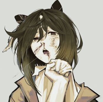 1girl animal_ears blood blood_from_mouth blood_on_face blood_on_tongue brown_eyes brown_hair brown_jacket bruise bruise_on_face clothes_grab collar_grab commentary ear_covers grey_background highres horse_ears horse_girl injury jacket medium_hair neckwear_grab nosebleed open_clothes open_jacket parted_lips pov shironism shirt simple_background solo spitting stay_gold_(umamusume) umamusume white_shirt