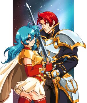 Rule 34 | 1990s (style), 1boy, 1girl, armor, ass, black border, blue eyes, blue hair, border, breastplate, breasts, brown pants, cuirass, curtained hair, double-parted bangs, eirika (fire emblem), elbow gloves, faulds, fire emblem, fire emblem: the sacred stones, galaxy, gauntlets, gloves, gradient background, hair between eyes, highres, holding, holding sword, holding weapon, long hair, looking at viewer, night, night sky, nintendo, pants, pauldrons, red eyes, red gloves, red hair, red thighhighs, retro artstyle, seth (fire emblem), short hair, shoulder armor, sirknightbot, skirt, sky, small breasts, star (sky), sword, teeth, thighhighs, weapon, white skirt