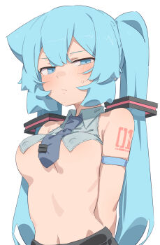 1girl abmayo absurdres bare_shoulders blue_eyes blue_hair blush breasts closed_mouth commentary hatsune_miku highres long_hair medium_breasts navel necktie number_tattoo shirt skirt solo tattoo twintails underboob vocaloid