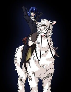 1girl alpaca arms_behind_head arms_up black_dress blue_background blue_hair brown_shoes brown_thighhighs commentary_request dress full_body garter_straps juliet_sleeves long_hair long_sleeves looking_at_viewer open_mouth priest_(ragnarok_online) puffy_sleeves purple_eyes ragnarok_online saddle shoes side_slit solo thighhighs toriria