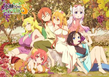 6+girls black_hair blonde_hair blue_eyes breasts child cleavage dragon_girl eating elma_(maidragon) eye_contact female_focus flower food fruit glasses grapes grass holding holding_food holding_fruit holding_grape horns huge_breasts ilulu_(maidragon) japanese_text kanna_kamui kobayashi-san_chi_no_maidragon kobayashi_(maidragon) large_breasts long_hair looking_at_another looking_at_viewer lucoa_(maidragon) medium_breasts mountain multiple_girls official_art orange_eyes orange_hair outdoors red_eyes red_flower red_hair slit_pupils smile tail tohru_(maidragon) tree white_hair