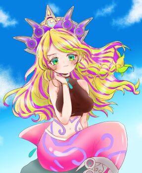 1girl :3 bare_shoulders black_shirt blonde_hair blue_sky body_markings braid breasts closed_mouth cloud commentary_request crop_top day fins floating_hair full_body green_eyes green_hair hand_up headgear highres large_breasts long_hair looking_at_viewer mermaid monster_girl multicolored_hair navel purple_hair reeshaddoll_wendikurhu rock shirt sidelocks sitting sky sleeveless sleeveless_shirt smile solo swept_bangs tail tail_ornament tanizawa_petit very_long_hair yu-gi-oh!