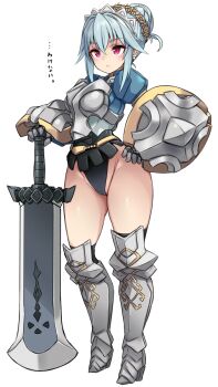 1girl :&lt; armor armored_boots blue_hair blush boots braid braided_bun breastplate buckler cameltoe earrings full_body gloves hair_between_eyes hair_bun hairband hand_on_own_hip highres jewelry karukan_(monjya) leaning_on_weapon leotard leotard_under_clothes light_blue_hair looking_at_viewer open_mouth pink_eyes shield shiny_skin solo standing thick_thighs thighhighs thighhighs_under_boots thighs unicorn_overlord virginia_(unicorn_overlord) white_background