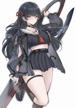 1girl arm_cutout black_choker black_hair black_serafuku black_shirt black_shoes black_skirt black_socks breasts chascoby chisa_(wuthering_waves) choker closed_mouth clothing_cutout collarbone commentary crop_top english_commentary hair_ribbon highres holding holding_behind_back holding_sword holding_sword_behind_back holding_weapon holding_weapon_behind_back leg_up long_hair long_sleeves looking_at_viewer medium_breasts mole mole_under_eye neckerchief red_eyes red_neckerchief red_ribbon ribbon sailor_collar school_uniform serafuku shirt shoes simple_background skirt socks solo sword thigh_strap thighs weapon white_background white_sailor_collar wuthering_waves