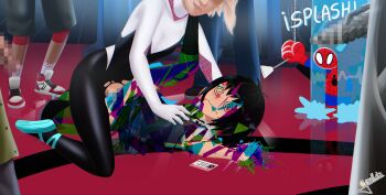 2girls 4boys @_@ age_difference audience blush censored clothed_sex clothing_aside futa_with_female futanari gigalleta glitch gwen_stacy held_down id_card marvel mosaic_censoring multiple_boys multiple_girls panties panties_aside peni_parker pink_panties rape restrained size_difference sound_effects spider-gwen spider-ham spider-man:_into_the_spider-verse spider-man_(series) spider-sense_(spider-man) spider-verse underwear water waterfall watermark web yuri