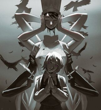 2girls absurdres arondiolex bird black_blood black_hair blood blood_from_mouth bloody_tears chainsaw_man chef_hat collared_shirt crow disembodied_head dress earrings extra_arms falling_devil_(chainsaw_man) fami_(chainsaw_man) flat_top_chef_hat fork fourth_east_high_school_uniform gradient_background grey_background grey_hair hat highres holding holding_detached_head holding_fork holding_knife jewelry knife long_arms long_sleeves multiple_girls nosebleed own_hands_together pinafore_dress purple_eyes ringed_eyes school_uniform severed_head shirt sleeveless sleeveless_dress white_shirt