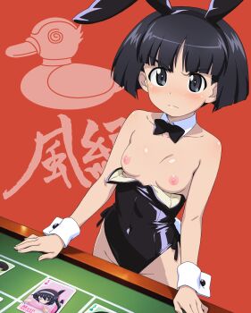 1girl angry animal_ears armpit_crease bare_shoulders black_bow black_bowtie black_hair black_leotard blue_eyes blush bow bowtie breasts breasts_out bust_cup card closed_mouth collarbone covered_navel emblem fake_animal_ears fake_tail girls_und_panzer glaring groin highleg highleg_leotard highres leotard leotard_pull looking_at_viewer lucasddst nipples petite playboy_bunny playing_card poker_table rabbit_ears rabbit_tail red_background reizei_mako short_hair simple_background small_breasts solo sono_midoriko table tail white_wrist_cuffs wrist_cuffs