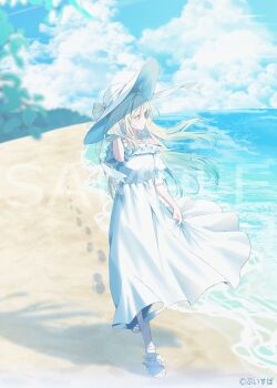 1girl aizawa_ema aqua_hair bare_shoulders beach blonde_hair blue_eyes blue_sky bow closed_mouth cloud cloudy_sky commentary_request copyright_name copyright_notice day dress empire_waist expressionless floating_clothes floating_hair footprints frilled_dress frilled_footwear frills full_body gradient_hair hand_up hat hat_bow highres long_dress long_hair looking_ahead misumi_(macaroni) mountainous_horizon multicolored_hair ocean off-shoulder_dress off_shoulder official_alternate_costume official_art profile sample_watermark sandals shadow shore short_sleeves skirt_hold sky solo straight_hair sun_hat sundress tucking_hair turning_head two-tone_hair virtual_youtuber vspo! walking watermark white_bow white_dress white_hat white_sandals wind