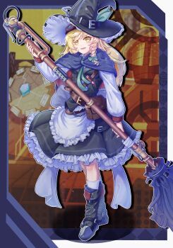 1girl absurdres apron back_bow bag bandolier belt black_boots black_capelet black_skirt black_vest blonde_hair boots bow braid broom brown_belt capelet commentary_request crystal frilled_skirt frills full_body gauge gears goggles goggles_on_head green_bow green_ribbon grey_apron grey_bow grey_shirt grey_socks hat hat_ribbon highres holding holding_broom industrial_pipe kirisame_marisa light_blush long_hair long_sleeves machinery open_mouth orange_background potion ribbon s-tea-m satchel shirt single_braid skirt smile socks solo steampunk steel-toe_boots touhou valve vest witch_hat yellow_eyes