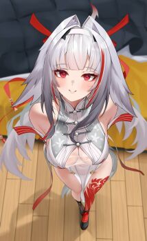 1girl animal_ear_fluff animal_ears arms_behind_back bare_shoulders black_shoes blush breasts china_dress chinese_clothes closed_mouth commentary commentary_request covered_navel dress droopy_ears english_commentary from_above hairband highres indoors large_breasts leg_tattoo long_hair looking_at_viewer matrix16 mixed-language_commentary multicolored_hair pelvic_curtain red_eyes red_hair red_streaks see-through_horns shoes smile solo streaked_hair sweat tattoo very_long_hair white_dress white_hair white_hairband ye_shunguang zenless_zone_zero