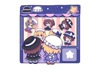 2girls :o back_bow black_capelet black_dress black_hat black_shoes black_skirt blonde_hair blue_bow blue_sailor_collar blush bow bowtie brown_hair buttons capelet chibi chibi_only collared_dress commentary_request contrast_collar crane_game dress facing_away frilled_dress frills full_body hair_bow hair_ornament hashtag-only_commentary hat hat_bow highres maid_headdress maribel_hearn mob_cap multiple_girls necktie one_eye_closed purple_dress red_bow red_necktie red_shoes ribbon-trimmed_capelet ribbon-trimmed_hat ribbon-trimmed_skirt ribbon_trim sailor_collar sailor_hat shoes silverrain skirt smile standing star_(symbol) star_hair_ornament touhou usami_renko white_background white_bow white_bowtie
