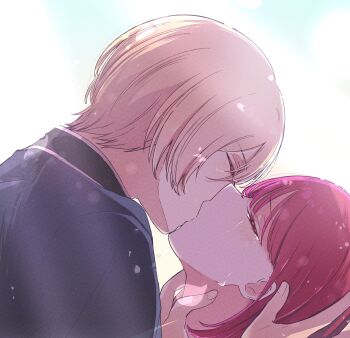 1boy 1girl arima_kana black_jacket blonde_hair closed_eyes french_kiss hair_between_eyes highres hoshino_aquamarine jacket kiss oshi_no_ko red_hair risdelusions short_hair tears white_background