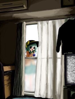 1girl air_conditioner black_eyes black_hat blouse bow buttons clock commentary curtains diamond_button frilled_shirt_collar frills green_hair green_skirt hat hat_bow hat_ribbon heripantomorrow highres horror_(theme) indoors komeiji_koishi long_sleeves looking_at_viewer medium_hair open_mouth ribbon shirt skirt smile solo static television third_eye touhou window yellow_bow yellow_ribbon yellow_shirt