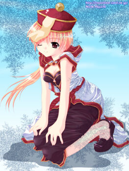 1girl 2000s_(style) artist_name black_shirt black_shoes black_shorts blonde_hair blue_background breasts brown_eyes cleavage closed_mouth coat commentary_request dated_commentary full_body hands_on_own_knees hat higuchi_norie hood hooded_coat kneeling loafers long_hair looking_at_viewer low_ponytail medium_breasts monk_(ragnarok_online) multicolored_coat ofuda one_eye_closed ponytail qingdai_guanmao ragnarok_online red_coat red_hat shirt shoes short_sleeves shorts smile solo two-tone_coat watermark web_address white_coat