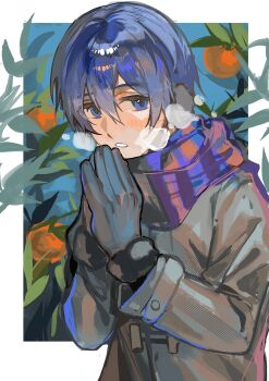 1boy absurdres blue_eyes blue_hair border breath coat commentary_request earmuffs food fruit fur-trimmed_gloves fur_trim gloves highres kaito_(vocaloid) long_sleeves male_focus nidu_(2du_du) outside_border own_hands_together parted_lips plant scarf short_sleeves solo vocaloid white_border