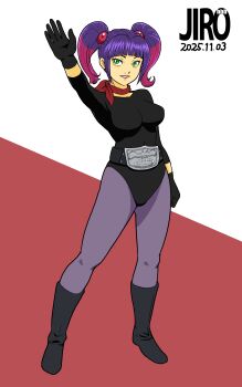 1girl 2025 arm_up bare_legs black_gloves black_leotard breasts curvy dated full_body gloves gradient_hair green_eyes highres jirohhb kamen_rider leotard lips long_hair looking_at_viewer multicolored_hair pantyhose purple_hair smile solo standing toujima_tanzaburou_wa_kamen_rider_ni_naritai twintails wide_hips yukarisu