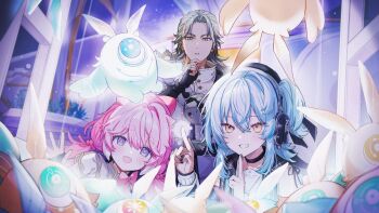 1boy 2girls aalto_(wuthering_waves) black_choker black_nails blue_hair buling_(wuthering_waves) choker commentary_request encore_(wuthering_waves) fingernails flower-shaped_pupils grey_hair hair_between_eyes hand_up headphones kuji-in long_hair multiple_girls nail_polish nana_tetra open_mouth parted_lips pink_hair pink_pupils purple_eyes side_ponytail smile symbol-shaped_pupils wuthering_waves yellow_eyes