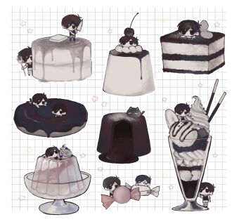 2boys antenna_hair black_eyes black_hair black_socks cake cake_slice candy cat chibi chibi_only closed_mouth collared_shirt colored_skin donut double-parted_bangs dual_persona food fork hair_between_eyes highres holding holding_fork holding_knife ice_cream knife looking_at_another lying male_focus mewo multiple_boys omori omori_(omori) on_stomach pancake pocky rou_(h_s_sinrin) shirt short_hair short_sleeves shorts socks souffle_pancake striped_clothes striped_shorts sundae sunny_(omori) vertical-striped_clothes vertical-striped_shorts white_shirt white_shorts white_skin white_socks