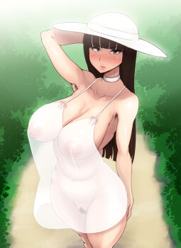 10s 1girl abubu arm_up armpit_hair armpits ass bare_shoulders blunt_bangs blush breasts brown_eyes brown_hair choker cleavage covered_erect_nipples curvy dress female_focus female_pubic_hair full-face_blush functionally_nude fupa girls_und_panzer hat large_breasts legs_together linea_alba long_hair looking_at_viewer mature_female nipples nishizumi_shiho no_bra no_panties nose_blush outdoors pubic_hair puffy_areolae pussy sagging_breasts see-through_clothes short_dress sideboob sleeveless sleeveless_dress solo standing sun_hat sundress sweatdrop thick_thighs thighs uncensored white_choker white_dress white_hat wide_hips