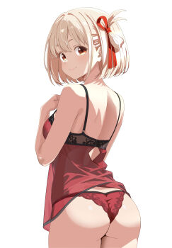 1girl absurdres ass babydoll back blonde_hair bob_cut breasts closed_mouth commentary_request cowboy_shot from_behind hair_ribbon hand_up highres large_breasts lingerie looking_at_viewer looking_back lycoris_recoil nishikigi_chisato one_side_up panties red_babydoll red_eyes red_panties red_ribbon ribbon short_hair simple_background smile solo tetsuado underwear underwear_only white_background