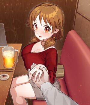 1boy 1girl alcohol beer breasts brown_eyes brown_hair chopsticks cleavage commentary_request cup grey_shorts holding_hands idolmaster idolmaster_cinderella_girls kamille_(vcx68) katagiri_sanae large_breasts looking_at_viewer pov red_sweater short_twintails shorts sitting solo_focus sweater thighs twintails
