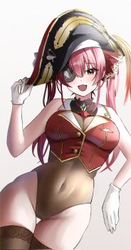 1girl :d arrow_through_heart ascot bare_shoulders bicorne blush breasts cleavage commentary_request covered_navel cowboy_shot dutch_angle eyepatch gloves hair_between_eyes hair_ribbon hand_on_headwear hat highleg highleg_leotard highres hololive houshou_marine kyoi_(kyo1koo2) large_breasts leotard leotard_under_clothes long_hair looking_at_viewer navel open_mouth pirate_hat red_ascot red_eyes red_hair red_ribbon ribbon simple_background smile solo standing thighhighs thighs twintails virtual_youtuber white_background white_gloves wing_collar