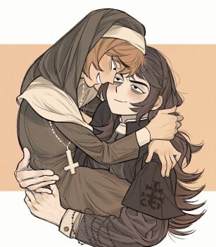 1boy 1girl abaddon_(haunted_hotel) aged_up bags_under_eyes black_capelet black_eyes brown_dress brown_hair capelet carrying child_carry clerical_collar commentary cross dress english_commentary esther_freeling freckles haunted_hotel hetero hug inverted_cross inverted_cross_necklace lifeisassholee long_hair looking_at_another nun orange_background priest short_hair simple_background traditional_nun