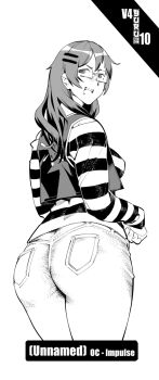 1girl artist_name ass breasts burustandin commentary cowboy_shot denim from_behind glasses hair_ornament hairclip highres jeans looking_back medium_breasts open_mouth original pants shirt smile solo striped_clothes striped_shirt vest