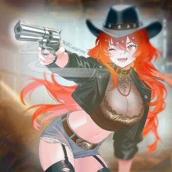 1girl aiming belt belt_buckle belt_collar black_hat black_jacket black_thighhighs blurry blurry_background bra bra_peek breasts buckle chain chain_necklace cleavage collar collar_chain_(jewelry) cowboy_hat cowboy_shot cowgirl_(western) cropped_jacket cropped_shirt cross cross_necklace denim denim_shorts depth_of_field double-parted_bangs dragon_girl dragon_horns dragon_tail fang fangs garter_straps gun hair_between_eyes handgun hat highres holding holding_gun holding_weapon horns indie_virtual_youtuber jacket jewelry lace lace-trimmed_bra lace_trim large_breasts lazuremi leaning_forward long_hair long_sleeves looking_to_the_side midriff navel necklace o-ring_collar one_eye_closed open_mouth red_hair revolver see-through_cleavage see-through_clothes see-through_shirt shirt short_shorts shorts smile smoke smoking_barrel solo spiked_collar spikes tail thighhighs torn_clothes torn_thighhighs twitter_username underwear v-shaped_eyebrows virtual_youtuber weapon zentreya zentreya_(dragon) zentreya_(dragon)_(outlaw)
