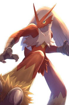 blaziken blue_eyes body_fur claws colored_sclera commentary_request gen_3_pokemon highres looking_at_viewer nintendo no_humans pokemon pokemon_(creature) pokemon_focus red_fur rumine_(yoshi1234567) simple_background solo white_background white_hair yellow_fur yellow_sclera