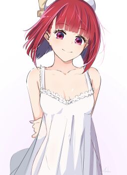 1girl anho arima_kana arm_behind_back blunt_bangs breasts collarbone covered_navel dress floating_hair frilled_dress frills hat head_tilt hip_bones oshi_no_ko out_of_frame red_eyes simple_background small_breasts smile solo upper_body white_background white_hat