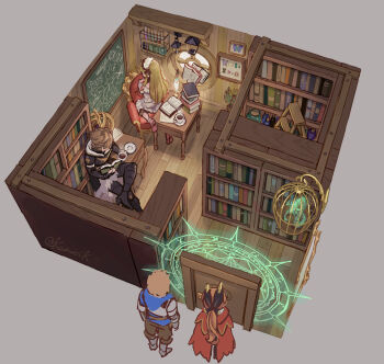 2boys 2girls ahoge armor artist_name blonde_hair blue_hoodie book book_stack bookshelf boots brown_hair brown_pants cage cagliostro_(granblue_fantasy) cape chair chalk chalkboard clarisse_(granblue_fantasy) coffee commentary crossed_legs cup display_case disposable_cup door dress floorplan frilled_dress frills gauntlets globe gran_(granblue_fantasy) granblue_fantasy greaves grey_background hair_between_eyes hair_ribbon hairband high_heel_boots high_heels highres hood hood_down hoodie in_cage ladder lamp lolita_hairband long_hair magic_circle messy_hair mirror multiple_boys multiple_girls official_alternate_costume on_chair open_book orange_hair pants pink_shoes plant plate ponytail pota_(bluegutty) potion potted_plant reading red_cape ribbon sandalphon_(granblue_fantasy) science shelf shoes signature sitting snake sunlight teacup tight_clothes tight_pants twitter_username wariza white_cape white_dress window writing
