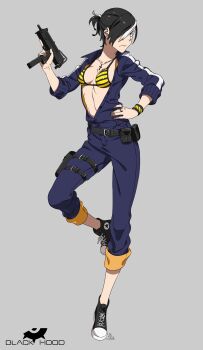 Rule 34 | 1girl, absurdres, black hair, breasts, commentary request, cross, cross necklace, grey background, gun, hand on own shoulder, highres, holding, holding gun, holding weapon, iwado anna, jewelry, kamezaemon, multicolored hair, necklace, original, ring, simple background, solo, streaked hair, weapon