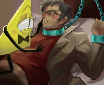 Rule 34 | 1boy, 1other, angry, bags under eyes, bed, bill cipher, black eyes, blush, bow, bowtie, chain, clenched teeth, coat, commentary, cowboy shot, cuffs, english commentary, ford pines, furrowed brow, glasses, gravity falls, grey hair, implied rape, looking at another, male focus, mullet, n0cturnalcm, one-eyed, pubic hair, red shirt, shackles, shirt, shushing another, sideburns, slit pupils, teeth, yellow coat