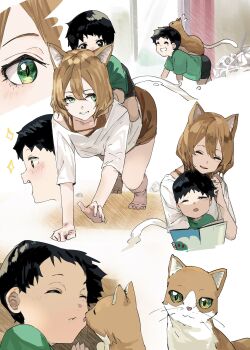 1boy 1girl all_fours animal_ears animal_on_back black_hair black_shorts book brown_hair brown_shorts carrying cat cat_ears cat_girl cat_tail closed_eyes funi_mu9 green_eyes green_shirt grin highres licking licking_another&#039;s_face original piggyback shirt short_hair shorts sleeping sleepy smile sparkle tail whiskers white_shirt