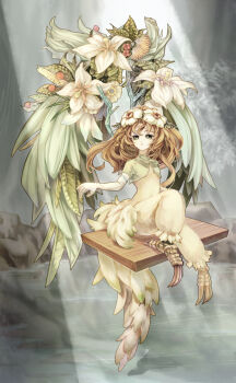 48725 branch brown_hair closed_mouth commentary_request elbow_gloves elle_(lom) expressionless feathers flat_chest flower gloves green_eyes green_vest harpy head_wreath leaf legend_of_mana light_rays long_hair looking_at_viewer monster_girl mushroom rock seiken_densetsu sitting sunbeam sunlight talons vest water white_gloves