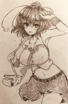 Rule 34 | 1girl, absurdres, alternate costume, armpits, bag, belt, blush, collared shirt, commentary request, efukei, hat, highres, looking at viewer, medium hair, midriff, missing wings, navel, necktie, open mouth, shameimaru aya, shirt, shoulder bag, skirt, smile, solo, tokin hat, touhou, traditional media